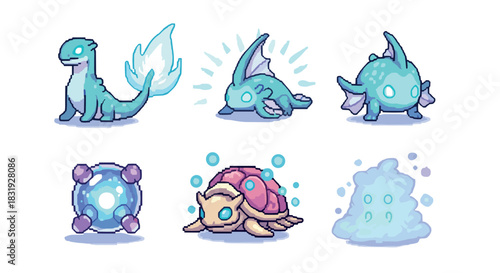 Set of six cute pixel art fantasy water creatures showing various characters like a dragon, turtle, and slime, designed in a retro 8-bit video game style and