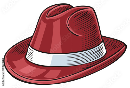 Stylish red fedora hat with a white band, classic vintage fashion accessory illustration
