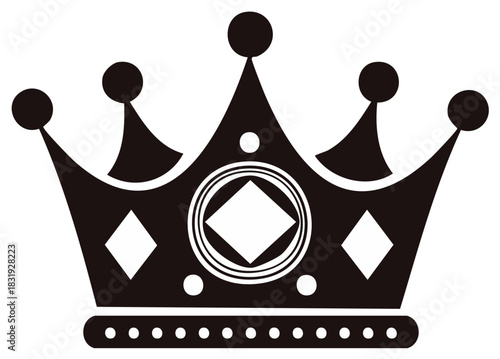 Minimalist vector graphics black crown with diamond and circle ornaments