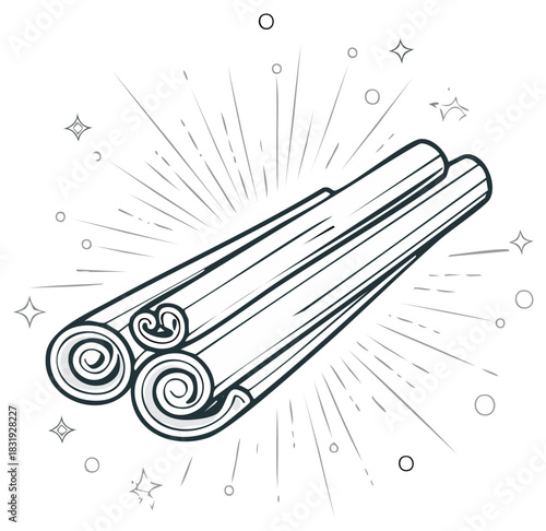 Cinnamon sticks illustration with sunburst background and decorative stars, spices and seasonings art.