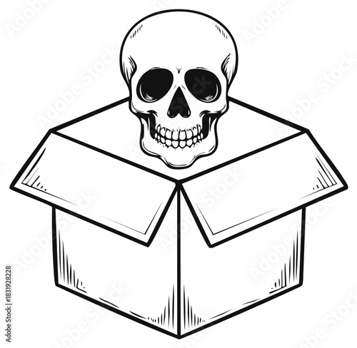 Human skull on an open cardboard box a concept of mystery danger or a deadly surprise