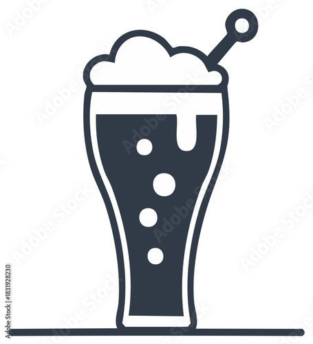 Frothy Drink in a Tall Glass with Stirrer Stick, Refreshment Icon