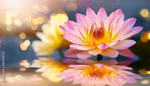 Pink Lotus Flower Reflecting in Water with Bokeh Lights Serene Spa Wellness Image