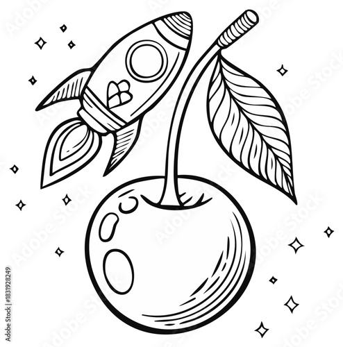 Whimsical rocket ship blasts off from a stylized cherry fruit with leaf and sparkling stars