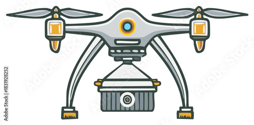 Cartoon drone carrying a delivery package with rotors spinning and a camera lens
