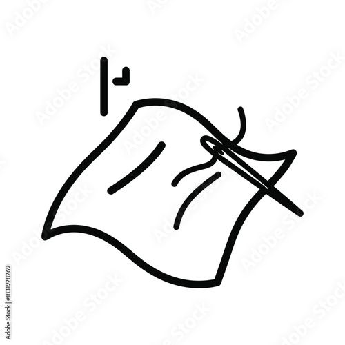 Simple outline icon of a sewing needle and thread going through a piece of fabric, representing tailoring, repair, or craft