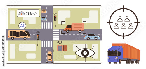 Autonomous vehicles navigate city intersection using AI, data monitoring, and surveillance. Ideal for transportation, smart cities, traffic control, AI, road safety urban planning mobility. Simple