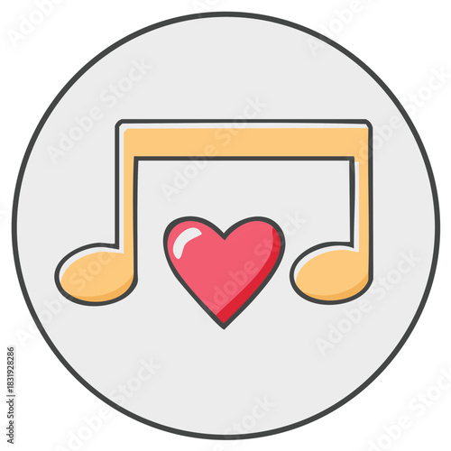 Heart symbol with musical notes forming a frame in a circle icon graphic