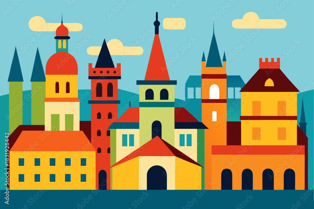 Fototapeta premium Colorful flat design european cityscape with tall buildings and towers