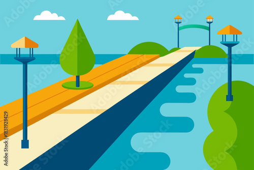 Modern flat illustration of a scenic pathway leading to a bridge over water