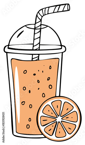Refreshing Orange Juice Smoothie in Plastic Cup with Straw and Fresh Fruit Slice Cartoon