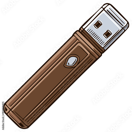 Illustration of a brown USB flash drive with silver connector and cap for storing data and files