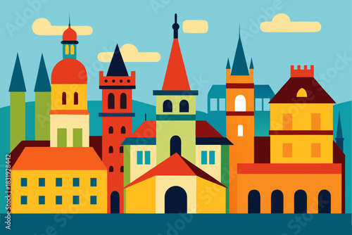 Colorful flat design european cityscape with tall buildings and towers