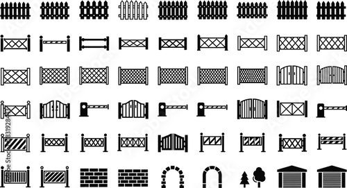 Fence, gate, wall, arch, tree, garage, silhouette icons, architectural elements, landscaping design, urban planning, residential, commercial structures
