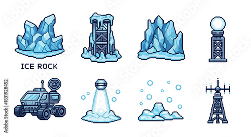 Set of pixel art game assets for a sci-fi arctic exploration theme, featuring an ice rover, frozen towers, glaciers, and antennas in a retro 8-bit style isolated on white