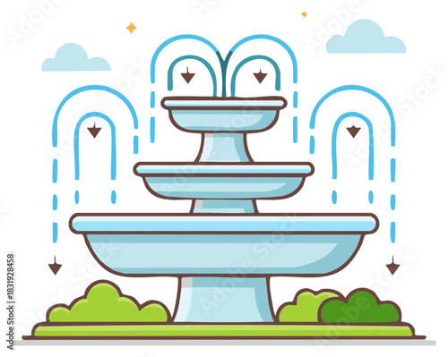 Cartoon illustration of a three-tiered fountain with flowing water.