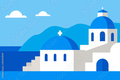 Stylized illustration of greek island architecture with blue domes and white buildings