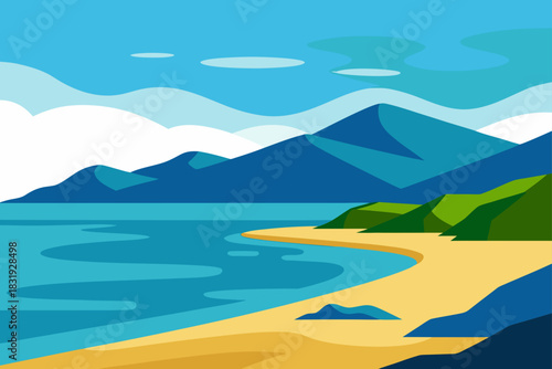 Stylized coastal landscape with blue mountains and sandy beach