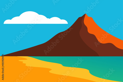 Flat design of a tropical beach with a mountain and a cloud