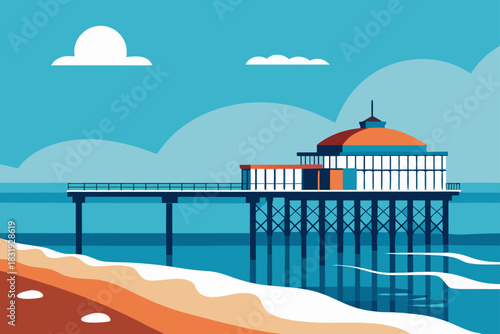 Modern flat design illustration of a beach pier on a sunny day