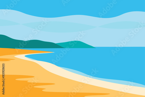 Stylized beach and ocean landscape with rolling hills and calm blue water