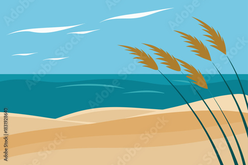 Stylized beach scene with reeds and ocean waves under a blue sky