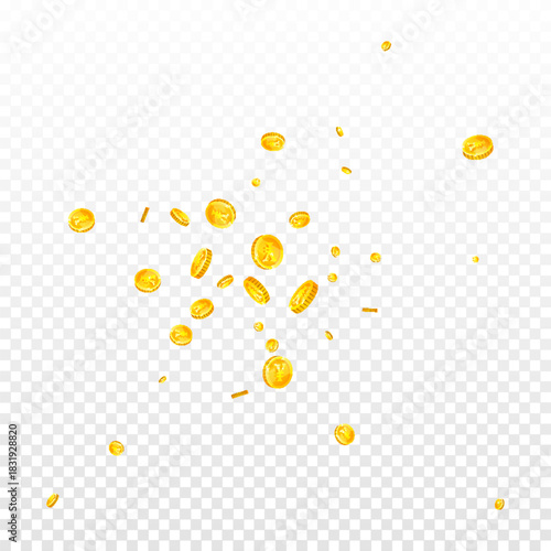 Chinese yuan coins falling. Scattered gold CNY
