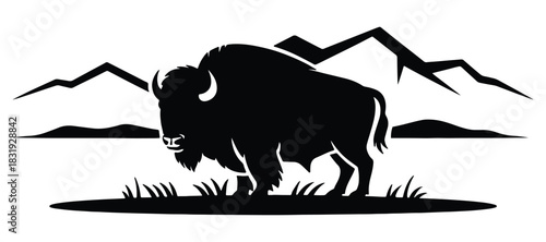 Bison or American Buffalo Silhouette, Wildlife, Nature, and National Park Vector Graphic, Black and White Silhouette of a Wild Buffalo, Animal Logo, North American Wildlife Icon.