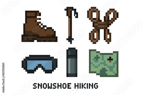 Collection of snowshoe hiking gear icons in a retro 8-bit pixel art style with a boot, pole, snowshoes, goggles, thermos, and map