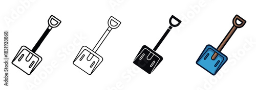 Set of four snow shovel icons in different graphic styles including outline, silhouette, and a colored cartoon version,