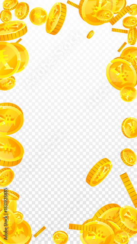 Chinese yuan coins falling. Scattered gold CNY