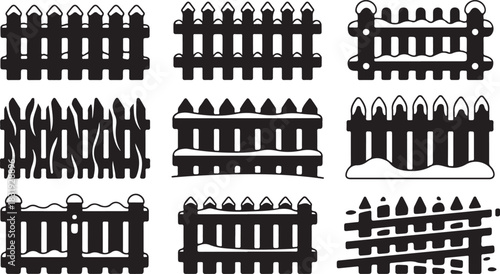 Assortment of Black Silhouette Picket Fence Icons with Snow winter christmas