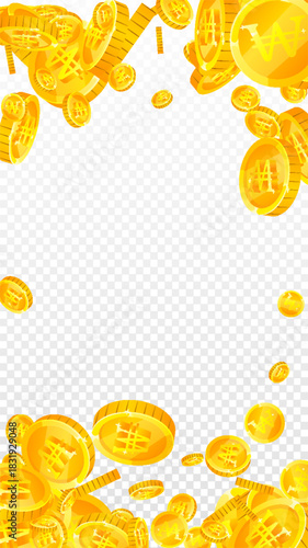 Korean won coins falling. Scattered gold WON