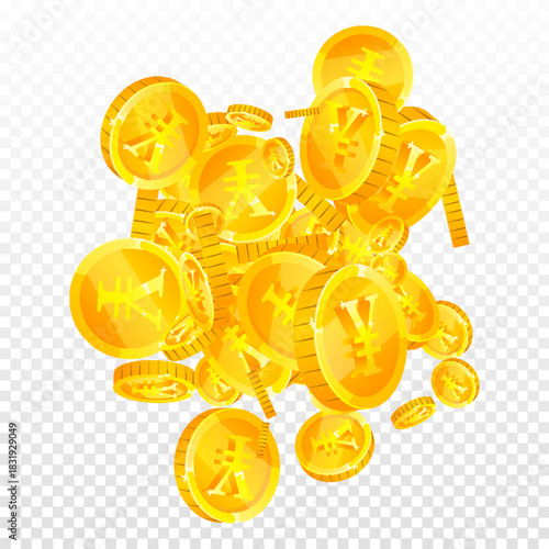 Chinese yuan coins falling. Scattered gold CNY