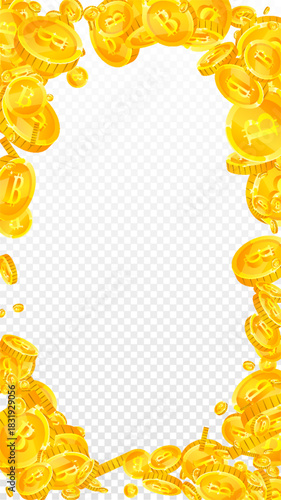 Bitcoin coins falling. Cryptocurrency scattered
