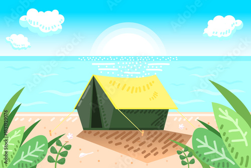Summer seascape with tent on beach and leaf foreground, sunrise on blue sky background.