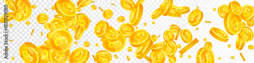 British pound coins falling. Scattered gold GBP