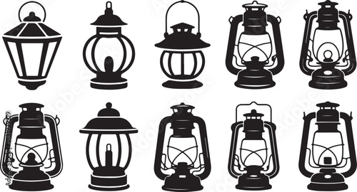 Assortment of Vintage and Modern Lantern Silhouettes on White Background lamp light