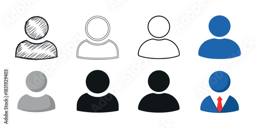 Collection of eight user profile icons in various graphic styles including sketch, line art, flat color, and business suit, representing different avatars