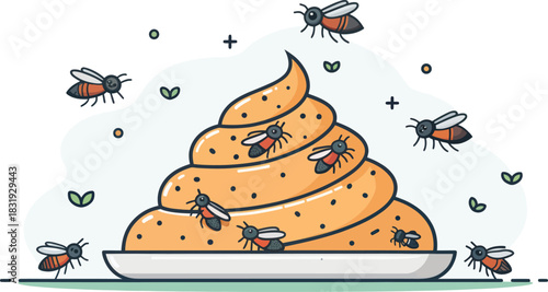 Close up image of food waste pile swarming with flies