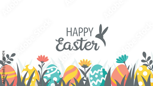 Happy easter greeting with colorful decorated eggs and spring flowers in a grassy field with a silhouette of a bunny