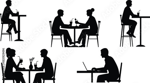 Wallpaper Mural Café silhouette illustration, people sitting at tables, drinking, working, social interaction, restaurant scene, black vector graphic, indoor activity Torontodigital.ca