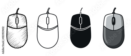 Four computer mouse vector icons in different styles including sketch, outline, silhouette, and flat color design, a collection of peripherals