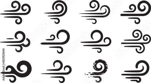 Set of Black and White Wind and Swirl Icons Representing Airflow and Movement Keywords: wind, swirl, airflow, movement, weather, nature, icon, symbol, design, silhouette, black and white, vector