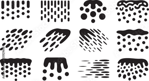 Abstract Black and White Drip, Splash, and Flowing Line Icons and Patterns Keywords: drip, splash, flow, liquid, abstract, pattern, texture, icon, symbol, design, silhouette, black and white