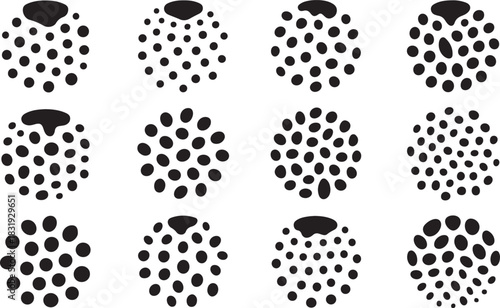 Twelve Black Circles Arranged in Clusters with Varying Fill Patterns Keywords: abstract, pattern, circles, dots, black and white, graphic, design, element, texture, background, simple, clean