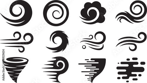 Collection of Black and White Tornado, Swirl, and Wind Icons for Weather and Motion Keywords: tornado, swirl, wind, weather, motion, storm, cyclone, hurricane, air, icon, symbol, design