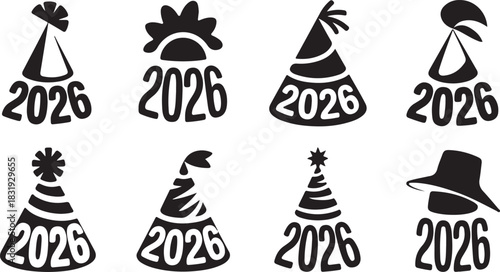 Collection of eight black and white graphic icons featuring the year 2026 incorporated into party hats and a formal hat