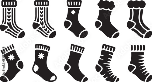 Ten Black Silhouette Icons of Assorted Winter Socks Keywords: socks, winter, clothing, fashion, accessory, warm, cozy, design, icon, silhouette, graphic, illustration, black and white, simple