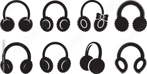 Eight Black Silhouette Icons of Different Earmuff Designs Keywords: earmuffs, winter, accessory, fashion, clothing, protection, cold, snow, fluffy, fur, warm, cozy, design, icon, silhouette
